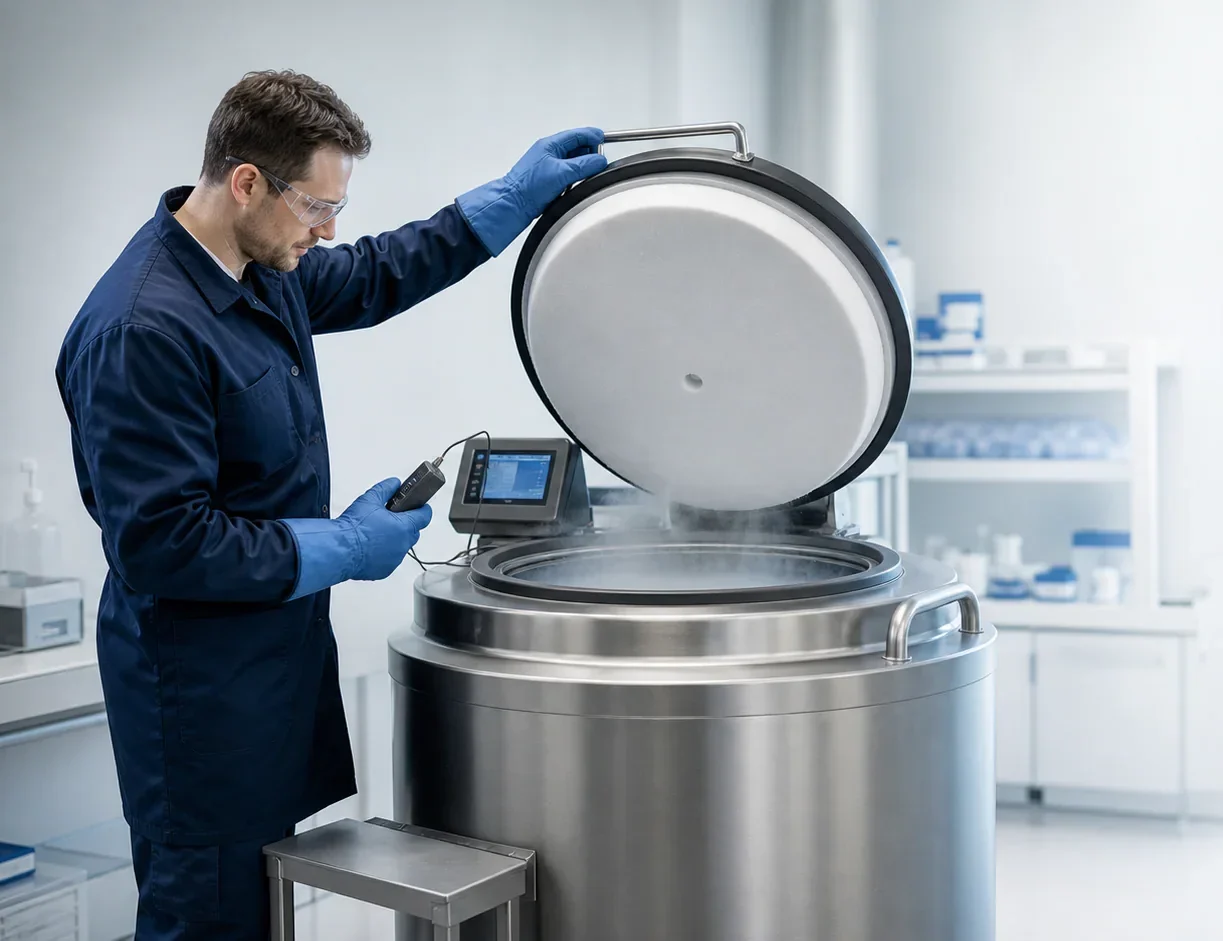 Technician inspecting an open cryogenic storage tank
