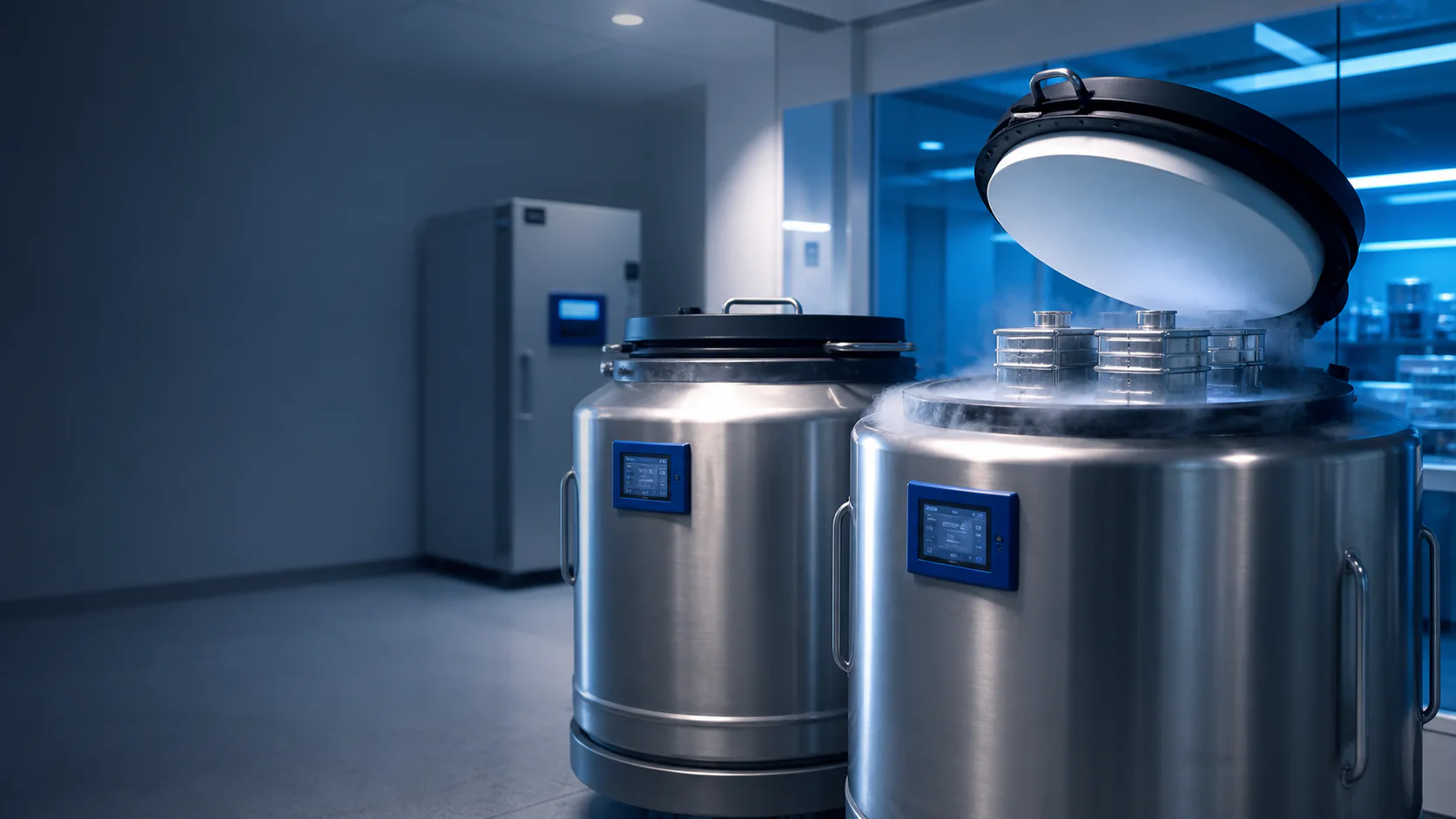 Open cryogenic storage tanks in a laboratory