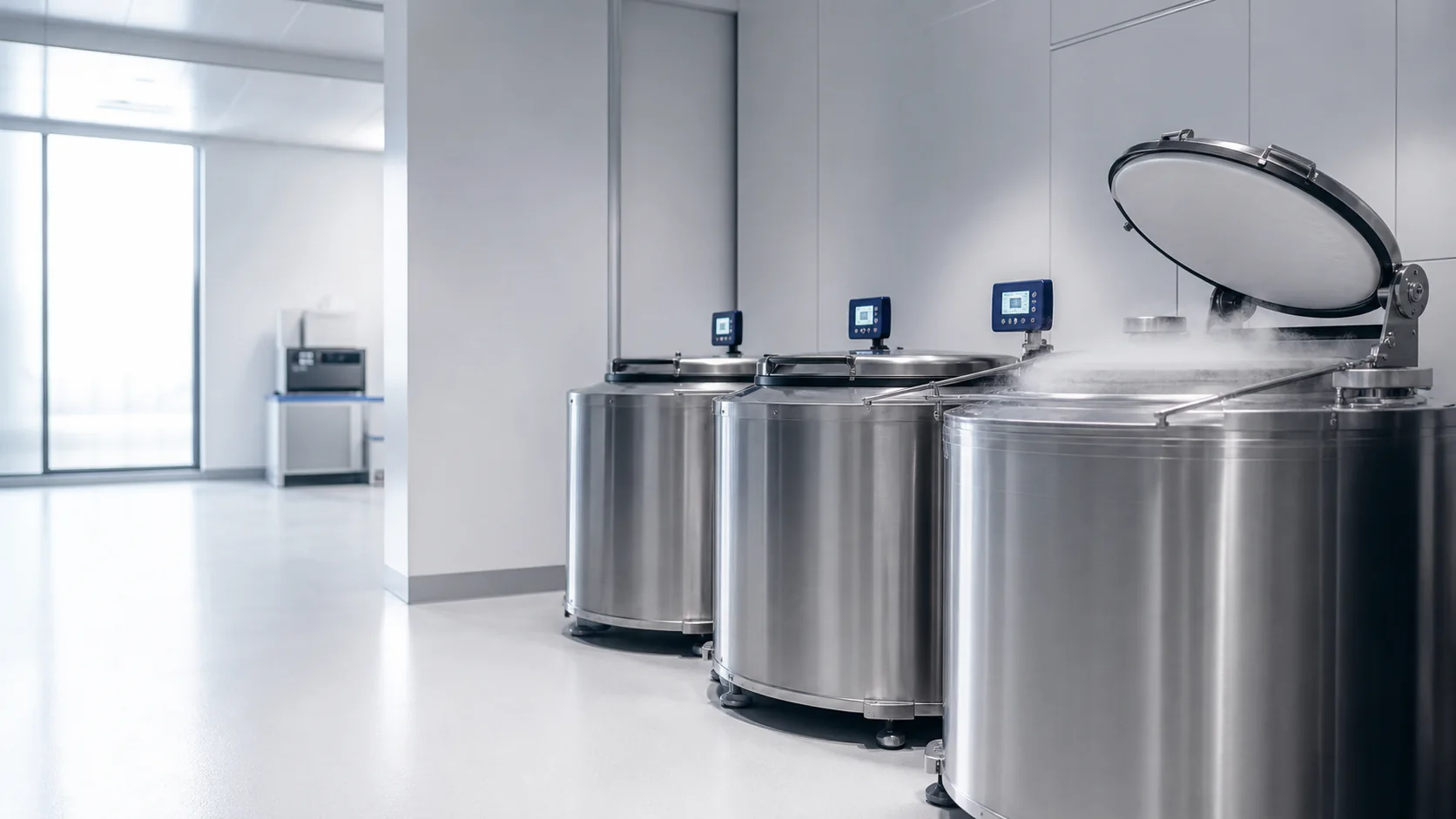 Stainless steel cryogenic storage tanks in a clean facility
